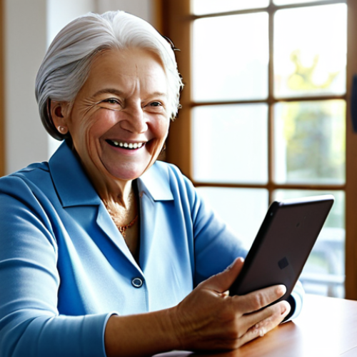 Home 7 A kind senior woman, fully clothed in modest, comfortable attire, smiles warmly as she participates in a video call on a tablet. She is seated at a clean, wooden table in a bright, modern common area of an assisted living facility, with soft natural light streaming through a large window in the background. The scene emphasizes connection and joy. Professional photography, high resolution, sharp focus, perfect anatomy, correct proportions, natural pose, well-formed hands, proper finger count, natural body proportions, safe for work, appropriate content, family-friendly.