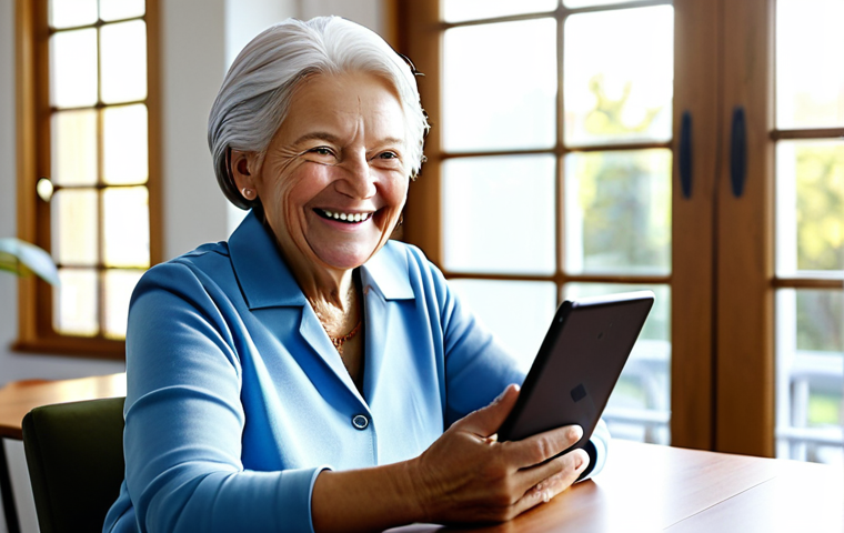 A kind senior woman, fully clothed in modest, comfortable attire, smiles warmly as she participates in a video call on a tablet. She is seated at a clean, wooden table in a bright, modern common area of an assisted living facility, with soft natural light streaming through a large window in the background. The scene emphasizes connection and joy. Professional photography, high resolution, sharp focus, perfect anatomy, correct proportions, natural pose, well-formed hands, proper finger count, natural body proportions, safe for work, appropriate content, family-friendly.