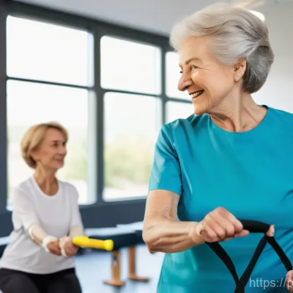 요양병원에서 제공하는 재활치료 - **Prompt:** A heartwarming scene of an active senior woman, approximately 75 years old, with a gentl...