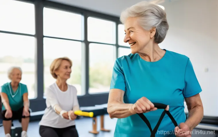 요양병원에서 제공하는 재활치료 - **Prompt:** A heartwarming scene of an active senior woman, approximately 75 years old, with a gentl...