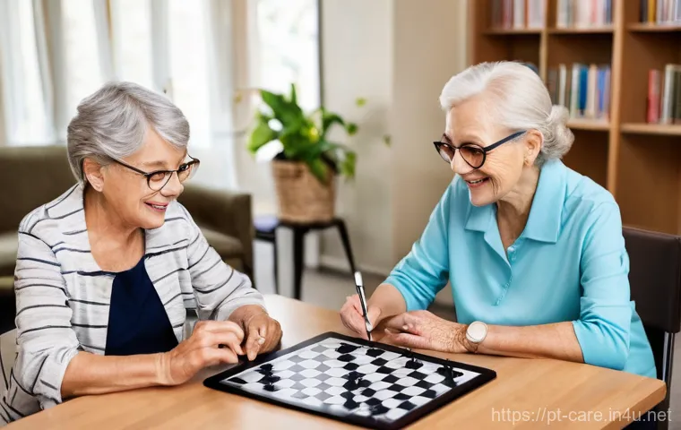 요양병원에서 제공하는 재활치료 - **Prompt:** A cozy and engaging occupational therapy session featuring two senior residents, one mal...
