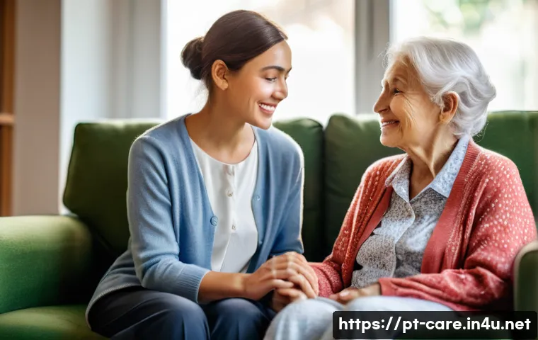 요양병원 환자와 의료진 관계 - **Prompt 1: Empathetic Caregiver and Senior**
"A heartwarming scene inside a modern, brightly li...