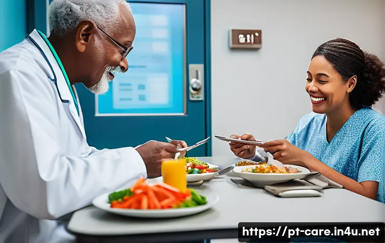 요양병원 환자 식단 관리 비법 - A warm, inviting hospital dining room scene showing a diverse elderly patient sitting comfortably at...