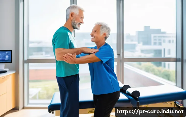 요양병원에서의 운동치료 - A bright and welcoming hospital rehabilitation room featuring a middle-aged male patient wearing com...