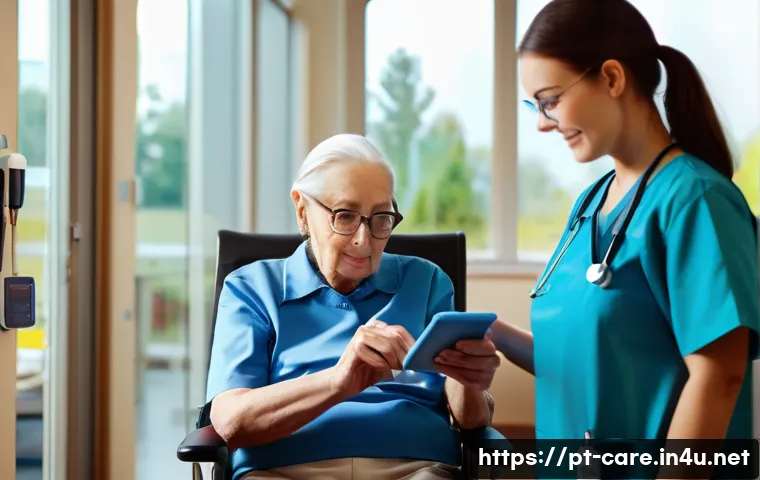 요양병원에서 관리하는 노인 질환 - A bright and modern nursing home interior featuring elderly patients and healthcare professionals en...