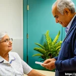 Home 22 노인 요양병원 진료 항목 - A warm and inviting scene inside a modern geriatric clinic showing a diverse elderly patient (wearin...