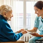 Home 21 치매 요양병원 전문 상담사 후기 - A compassionate caregiver gently interacting with an elderly dementia patient in a bright, safe, and...