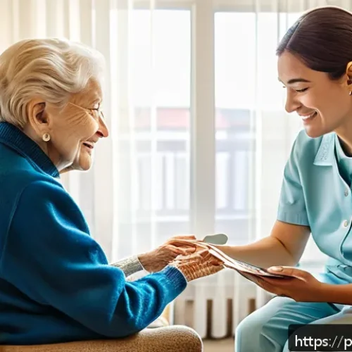Home 33 치매 요양병원 전문 상담사 후기 - A compassionate caregiver gently interacting with an elderly dementia patient in a bright, safe, and...
