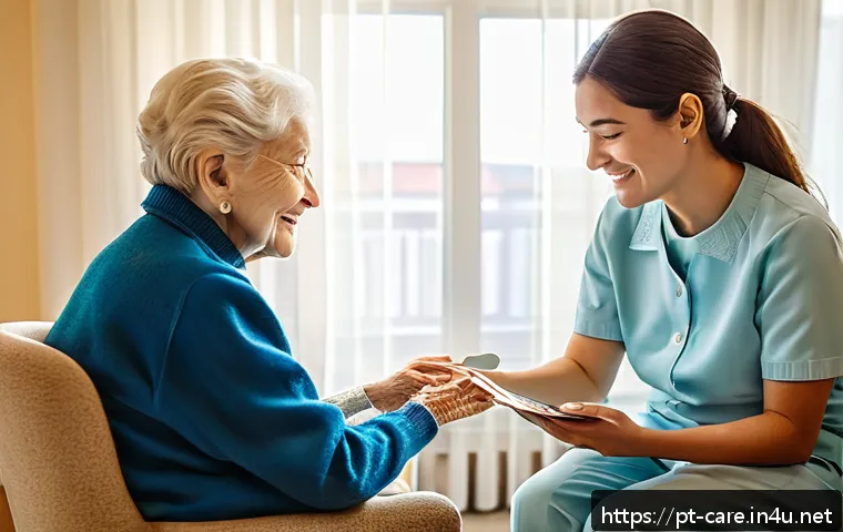치매 요양병원 전문 상담사 후기 - A compassionate caregiver gently interacting with an elderly dementia patient in a bright, safe, and...