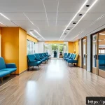 Home 20 요양병원 선택 팁 - A bright and spacious elderly care clinic interior designed for accessibility, featuring wide hallwa...
