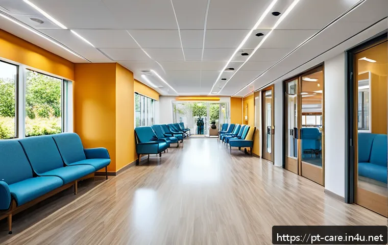 요양병원 선택 팁 - A bright and spacious elderly care clinic interior designed for accessibility, featuring wide hallwa...