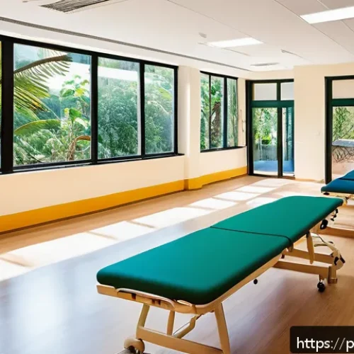Home 31 요양병원 재활치료 후기 - A warm, inviting rehabilitation clinic interior in Brazil, featuring a spacious therapy room with na...