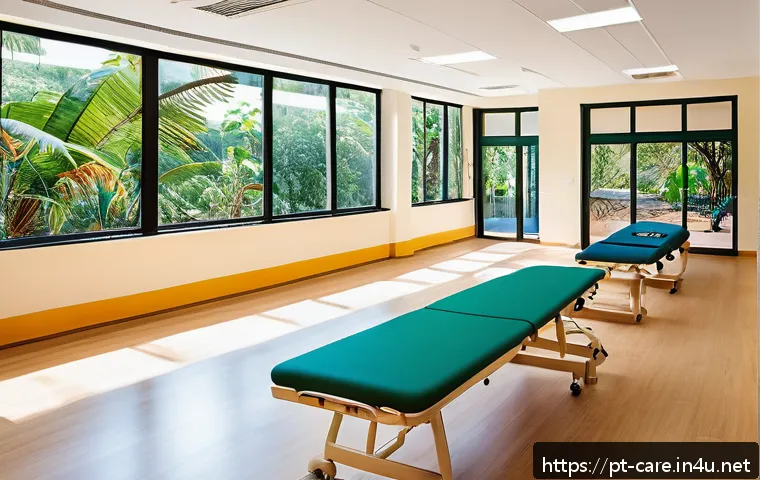요양병원 재활치료 후기 - A warm, inviting rehabilitation clinic interior in Brazil, featuring a spacious therapy room with na...