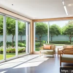 Home 23 치매 요양병원 시설 수준 - A bright, spacious dementia care facility interior designed for safety and comfort, featuring wide o...