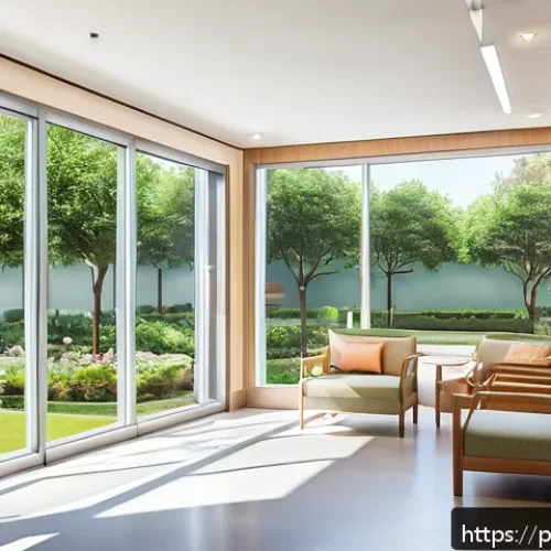 Home 17 치매 요양병원 시설 수준 - A bright, spacious dementia care facility interior designed for safety and comfort, featuring wide o...