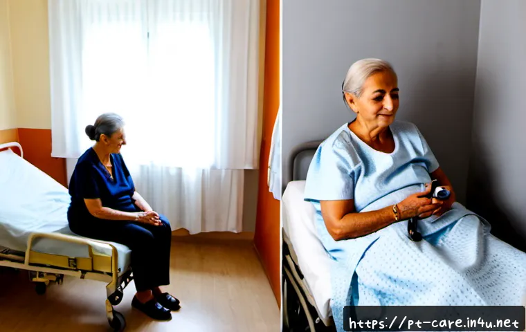 Home 17 노인 요양병원과 호스피스 비교 - Photorealistic side-by-side comparison scene in a clean Portuguese eldercare setting: left, an elder...