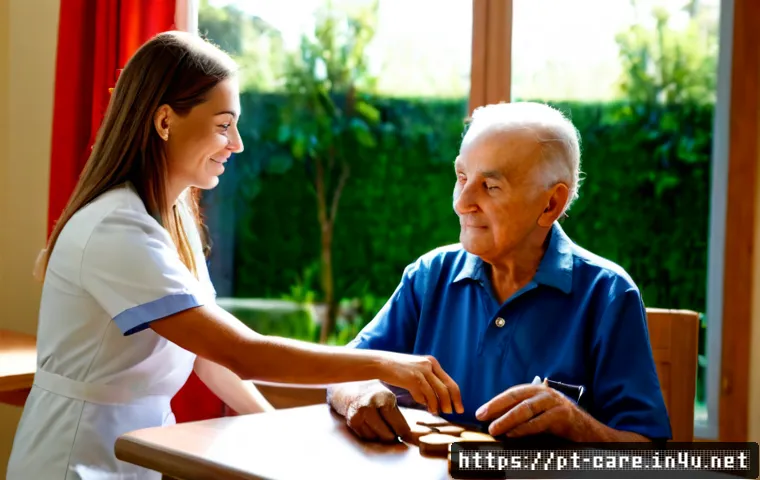 요양병원 내 치매 관리법 - Photorealistic dementia care scene in a modern Portuguese long-term care hospital, compassionate fem...